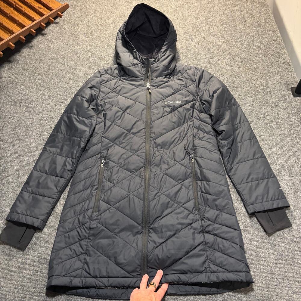 Columbia Womens Medium Gray Quilted OmniHeat Hooded Long Puffer Winter Coat